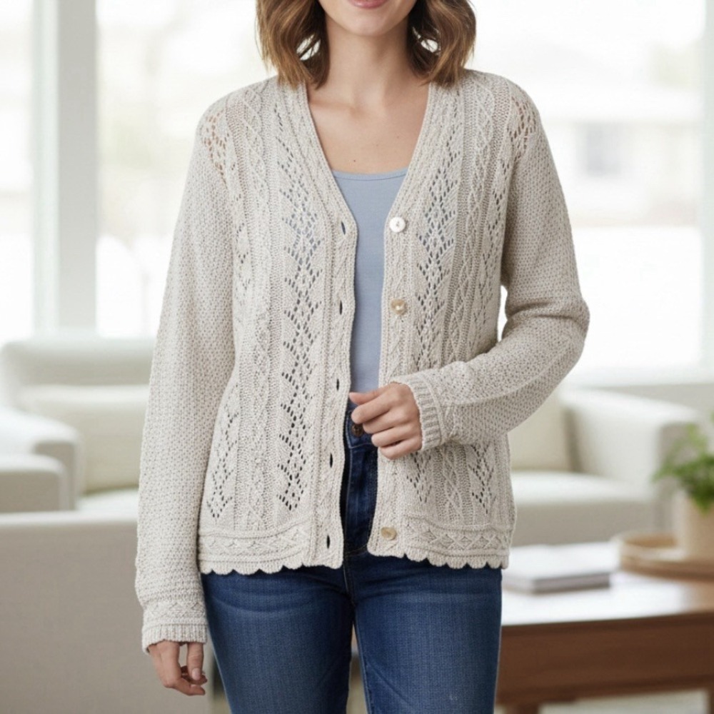 LL Bean Neutral Beige Linen Cotton Button Up Open Stitch Cardigan Sweater MEDIUM